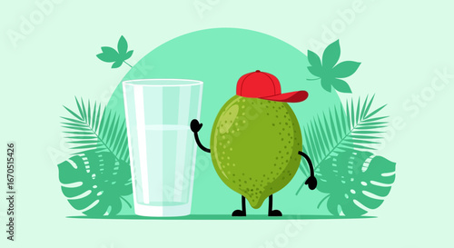Lime Cartoon Mascot And Glass Of Water Illustration For Healthy Drink
