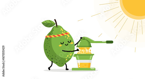 Lime Cartoon Character Making Fresh Juice Underneath Bright Sun Illustration