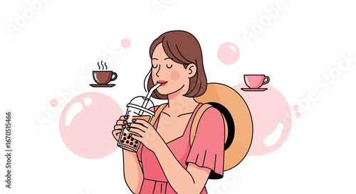 Girl Enjoying Bubble Tea on Vacation with Hat and Coffee Cups Backdrop