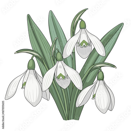 Illustration of four snowdrop flowers with long green leaves, isolated on a white background.