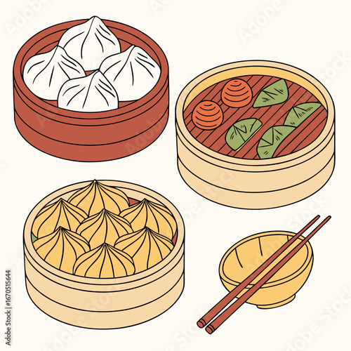 Illustration of various dumplings in bamboo steamers with chopsticks and bowl