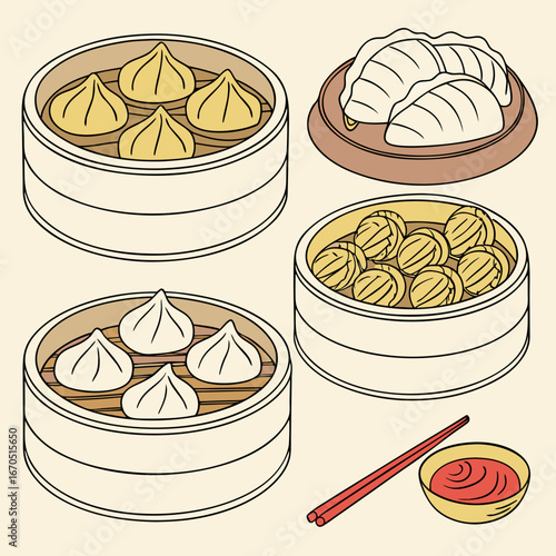 Illustration of various dumplings in bamboo steamers with chopsticks and sauce