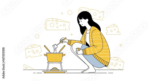 Girl Enjoys Swiss Cheese Fondue at Home Vector Illustration Delicious Treat