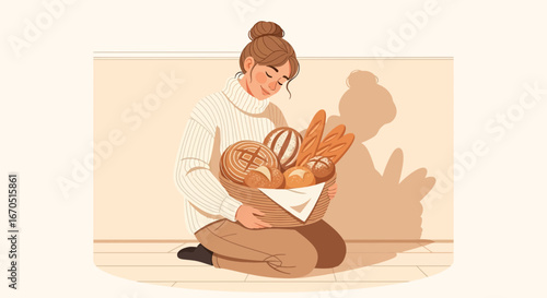 Girl Holds Fresh Bread Basket After Home Baking In A Bright Kitchen