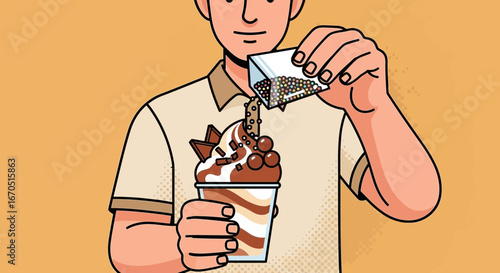 Making Delicious Dessert Attractive Man Adding Colorful Sprinkles To Sweet Cup