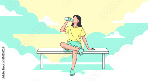 Girl Refreshing With Water On Bench During Leisure Time Outdoors