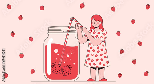Girl Preparing Strawberry Infused Drink At Home Healthy Lifestyle Concept