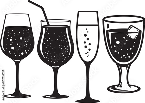 Various drinks in different glasses including a wine glass and champagne flute
