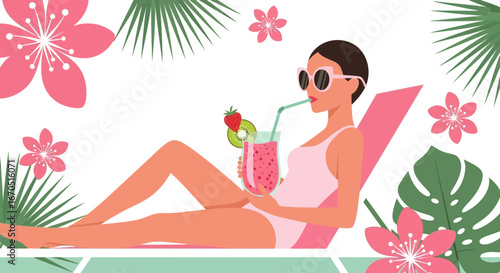 Girl Relaxing With Cold Drink On Summer Vacation Surrounded By Tropical Plants