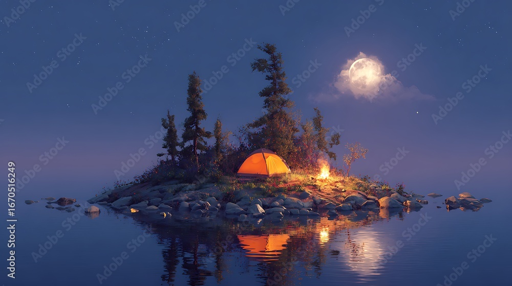 Obraz premium Tranquil Camping Scene on Island: A secluded campsite glows warmly under a serene night sky, inviting viewers into a scene of peaceful relaxation and exploration. 