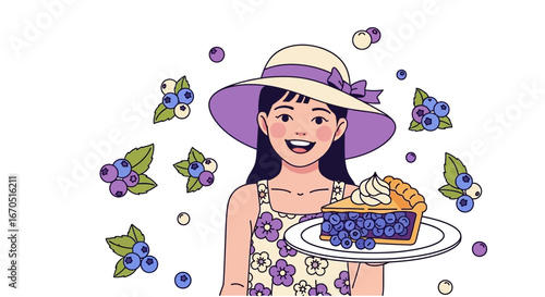 Girl With A Summer Hat Presents A Delicious Homemade Blueberry Pie Slice
