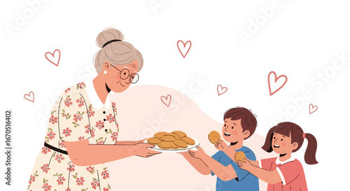 Grandma Giving Cookies To Grandkids Showing Love And Care On White Background