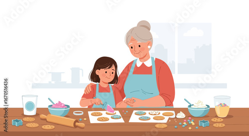 Grandma And Granddaughter Baking Decorated Cookies Together Generational Bonding
