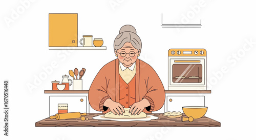 Grandmother Prepares Dough in Kitchen Baking Domestic Traditional Home Activity