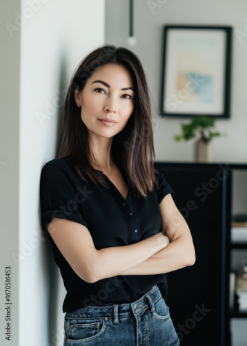 An elegant woman with shoulder-length, straight dark hair with highlights, wearing a black shirt and jeans, leaning against the wall inside a modern, white apartment Free Download An elegant woman with shoulder-length, straight dark hair with highlights, wearing a black shirt and jeans, leaning against the wall inside a modern, white apartment - GFXLoad