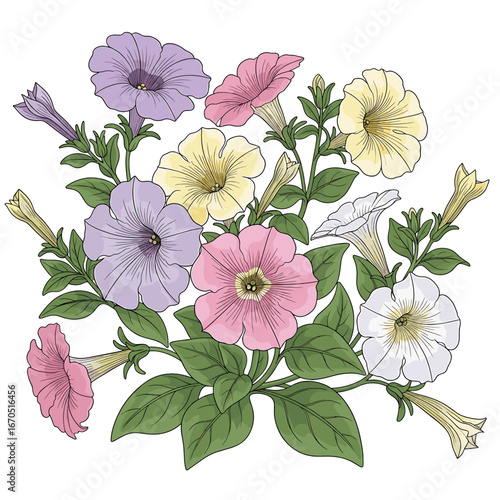 A colorful illustration featuring a cluster of blooming petunia flowers with vibrant petals and green foliage.