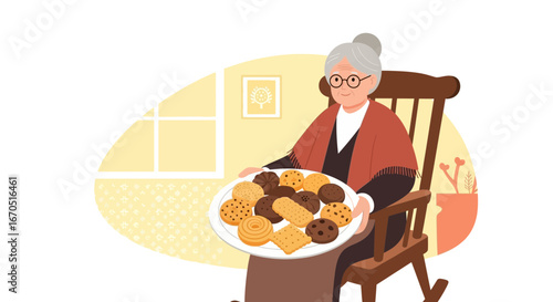 Grandmother Offering Homemade Cookies In The Living Room Vector Illustration