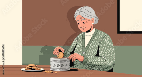 Grandmother With Affection Takes A Cookie From The Box At Cozy Moment