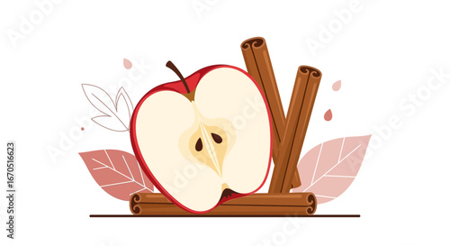 Halved Apple And Cinnamon Sticks Composition with Decorative Leaf Motifs