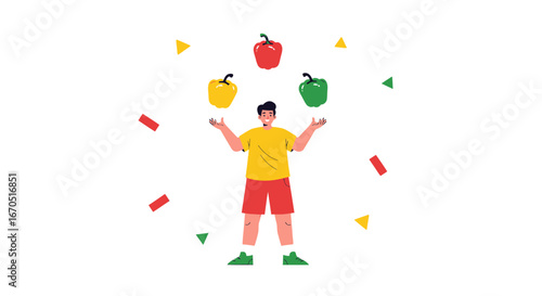 Man Juggling Colorful Bell Peppers With Confetti for Culinary Art Fun