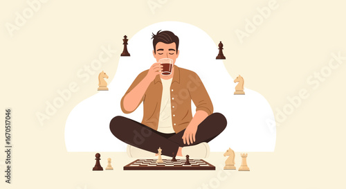 Man Meditating While Playing Chess and Drinking Beverage at Home Concept