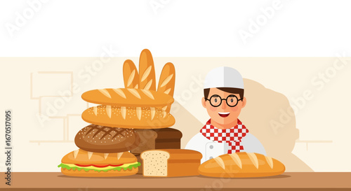 Happy Baker Proudly Presenting Freshly Baked Bread Variety for Bakery Display