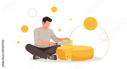 Man Slicing Cheese Illustration For Healthy Eating And Culinary Art Concept
