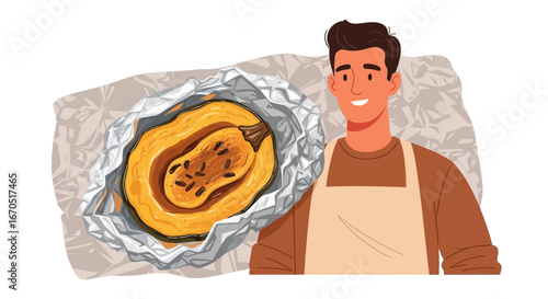 Man Shows Baked Acorn Squash In Foil, Healthy Cooking For Family