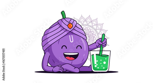 Happy Brinjal Cartoon Character Chilling with Green Juice and Mandala Art