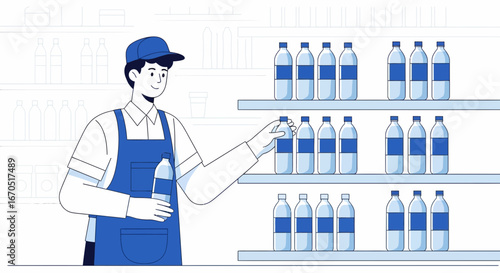 Man Stacking Bottles Of Water In Store Fresh Beverage Business Illustration