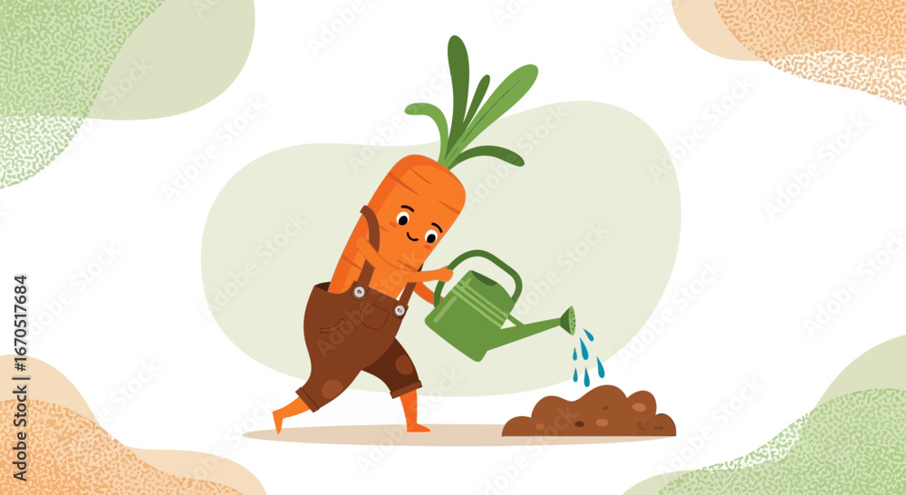 Fototapeta premium Happy Carrot Character Watering Soil With A Green Watering Can Illustration