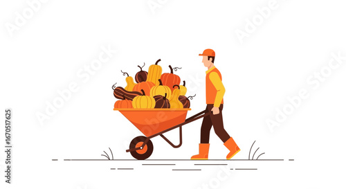 Man Wheeling Wheelbarrow Full Of Pumpkins On Autumn Season Harvest Time