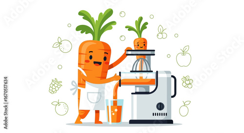 Happy Carrot Character Making Fresh Juice With Juicer On White Background