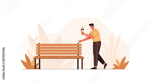 Man With Ice Cream Next to Park Bench on a Bright Day Outdoors