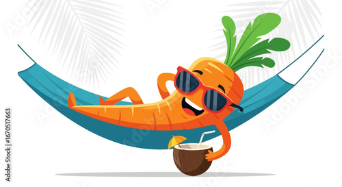 Happy Carrot Character Enjoying Tropical Vacation Relaxing on Hammock