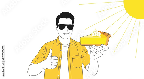 Man With Sunglasses Holding Slice Of Pie Under Sun Thumbs Up Gesture