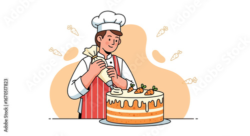 Happy Chef Decorating A Carrot Cake With Frosting In A Kitchen