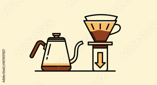 Minimalist Illustration Of A Pour Over Coffee Brewing Method And Kettle