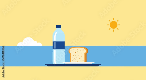Minimalist Graphic Of Refreshments And A Simple Meal With Seaside Backdrop