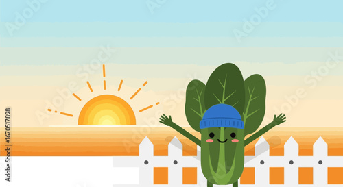 Happy Cucumber Character Welcoming Sunrise in a Farm With Joyful Illustration