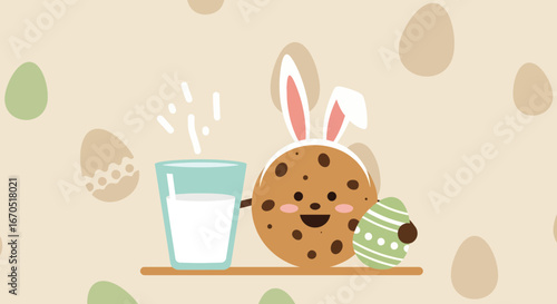 Happy Easter Holiday Cartoon Cookie With Bunny Ears And Milk Illustration