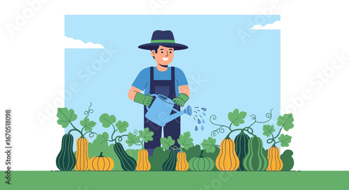 Happy Farmer Caring For His Pumpkins During A Beautiful Sunny Day
