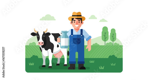 Happy Farmer With Cow And Milk Jug In Green Field Illustration
