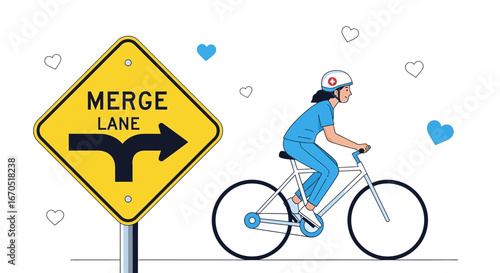 Nurse On A Bicycle Approaching A Merge With Care And Consideration On The Road