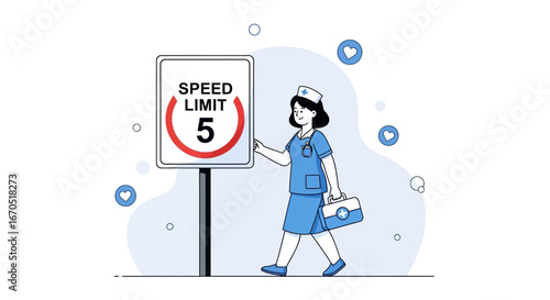 Nurse Observes Speed Limit Sign Of Five For Hospital Safety And Patient Care