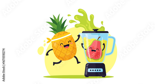Happy Fruits in Blender Cartoon Illustration For Summer Drink Concept