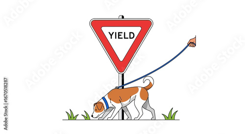 Obedient Dog Walks Near A Yield Sign For Safety Awareness Concept