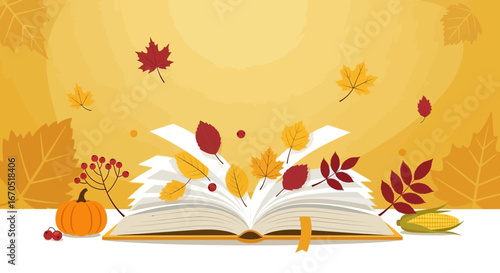 Open Book With Autumn Foliage And Harvest Bounty For Seasonal Reading