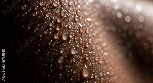 Close up of skin with glistening water droplets reflecting light, perfect for fitness and health campaigns