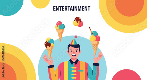 Happy Juggler with Ice Cream Cones for Summer Party Fun and Entertainment